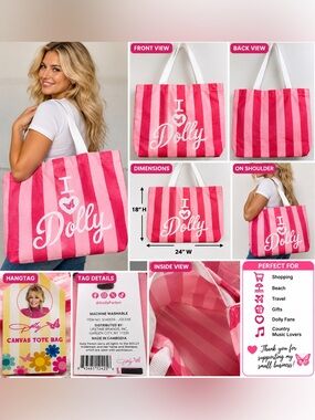 Dolly Parton Jolene Canvas Tote Bag Pink Striped Butterfly NWT Large